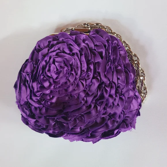 White House Black Market Purple Ruffle Rosette Satin Clutch Bag - Picture 3 of 6
